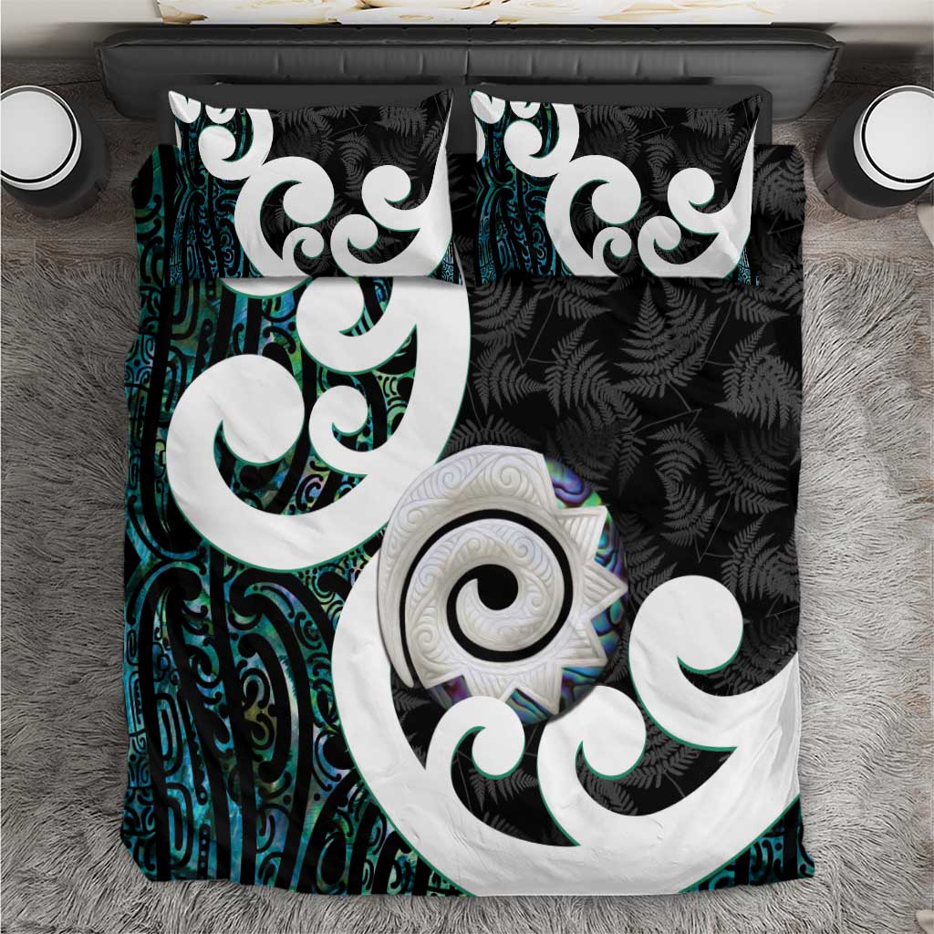 Aotearoa Koru Bedding Set Cyan Maori Paua Shell Mix Silver Fern