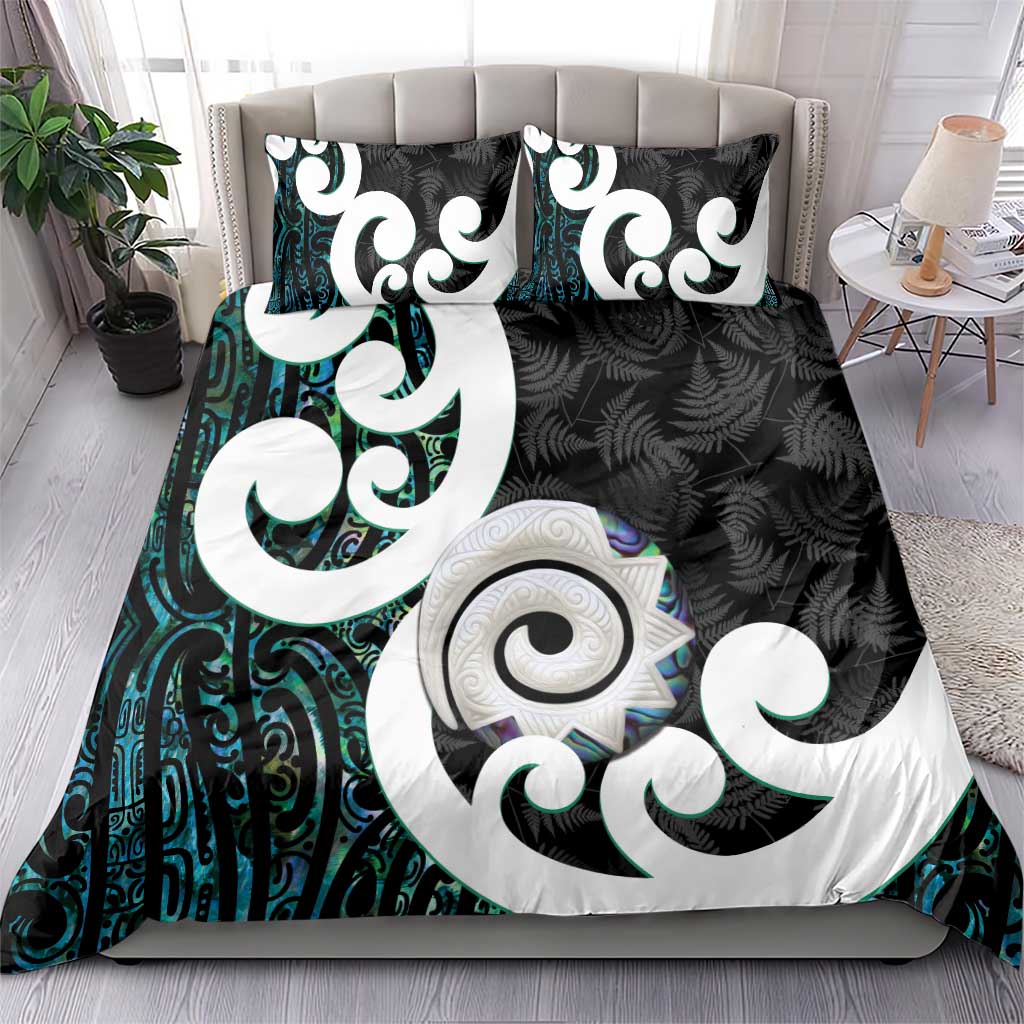 Aotearoa Koru Bedding Set Cyan Maori Paua Shell Mix Silver Fern