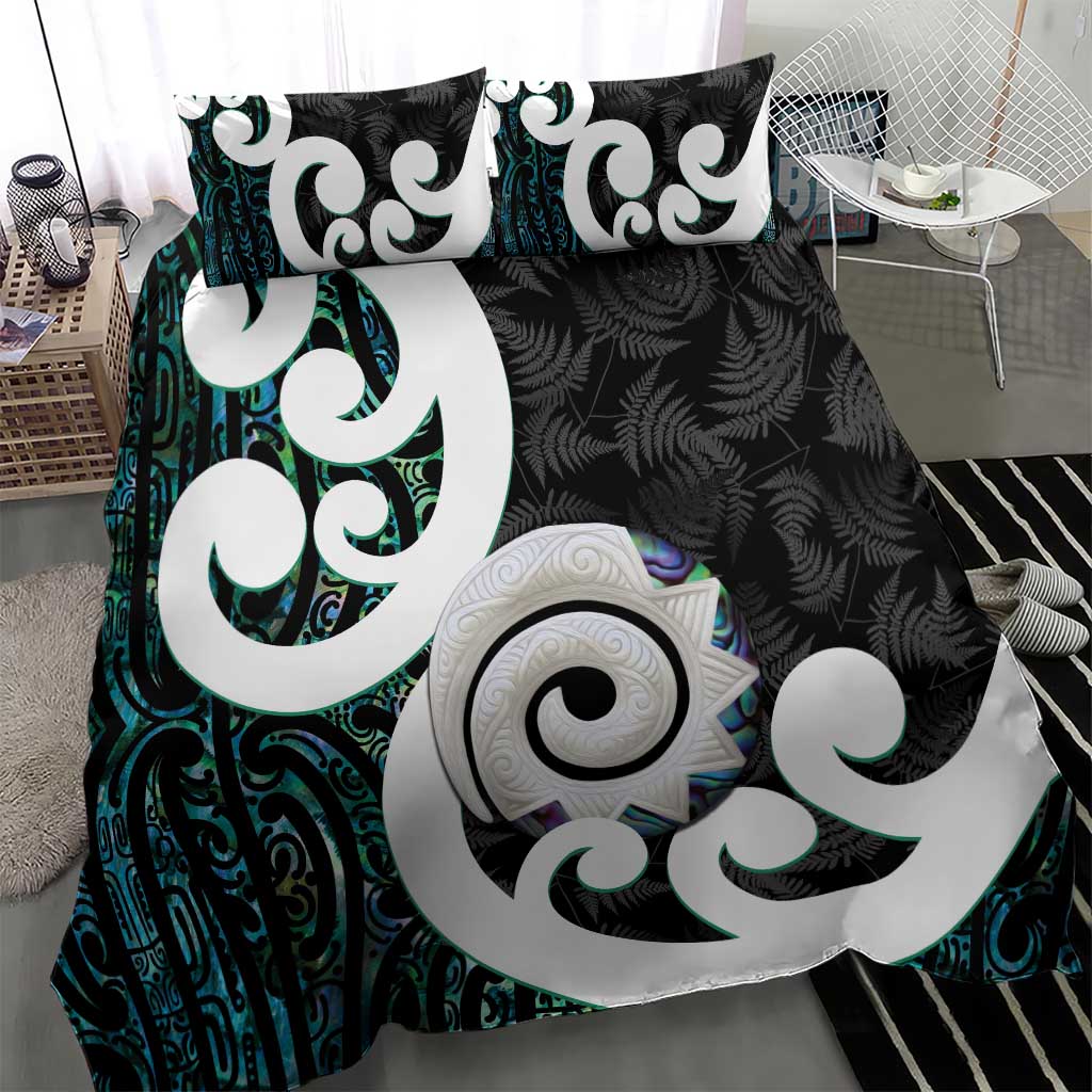 Aotearoa Koru Bedding Set Cyan Maori Paua Shell Mix Silver Fern