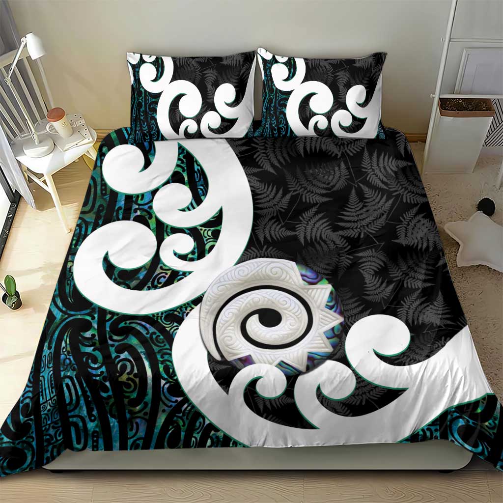 Aotearoa Koru Bedding Set Cyan Maori Paua Shell Mix Silver Fern