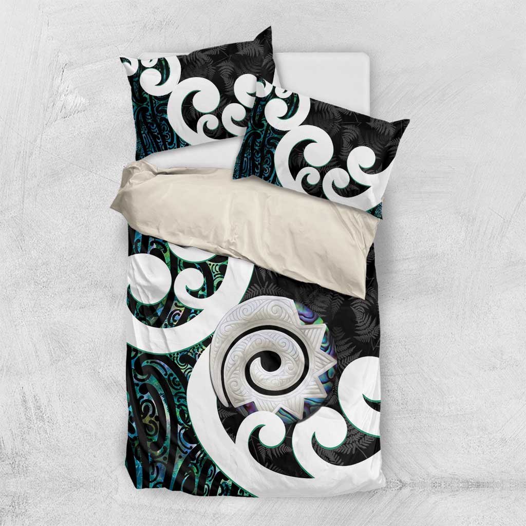 Aotearoa Koru Bedding Set Cyan Maori Paua Shell Mix Silver Fern