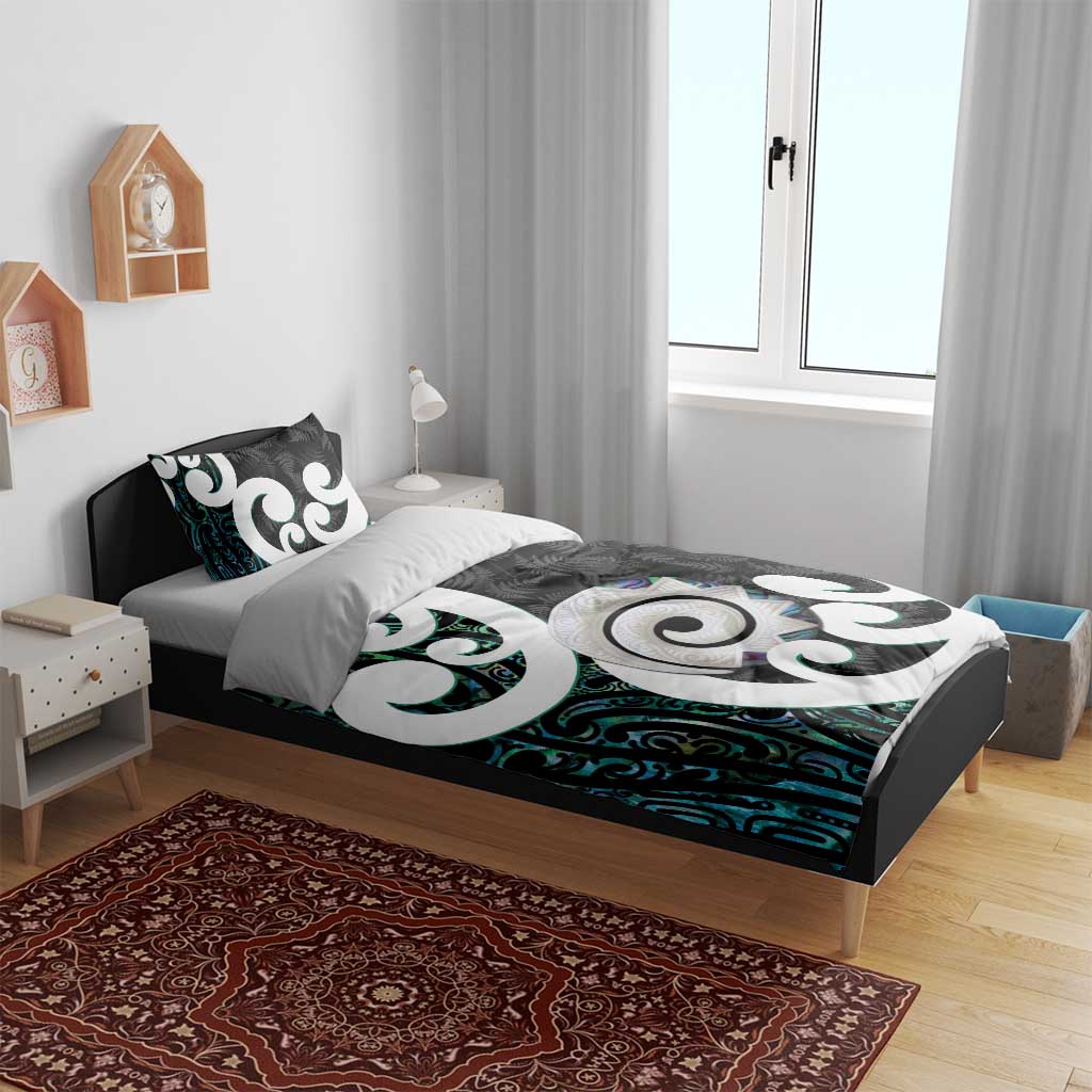 Aotearoa Koru Bedding Set Cyan Maori Paua Shell Mix Silver Fern