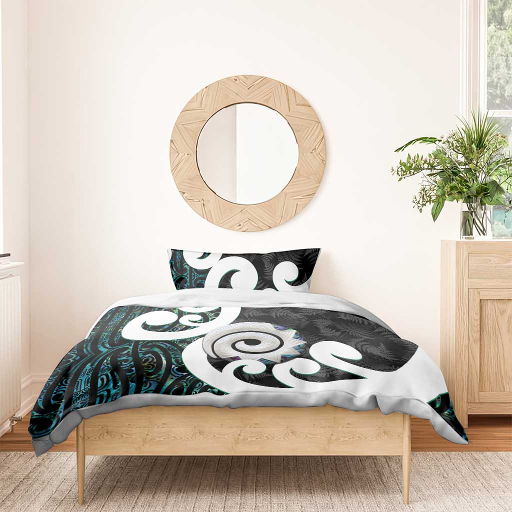 Aotearoa Koru Bedding Set Cyan Maori Paua Shell Mix Silver Fern