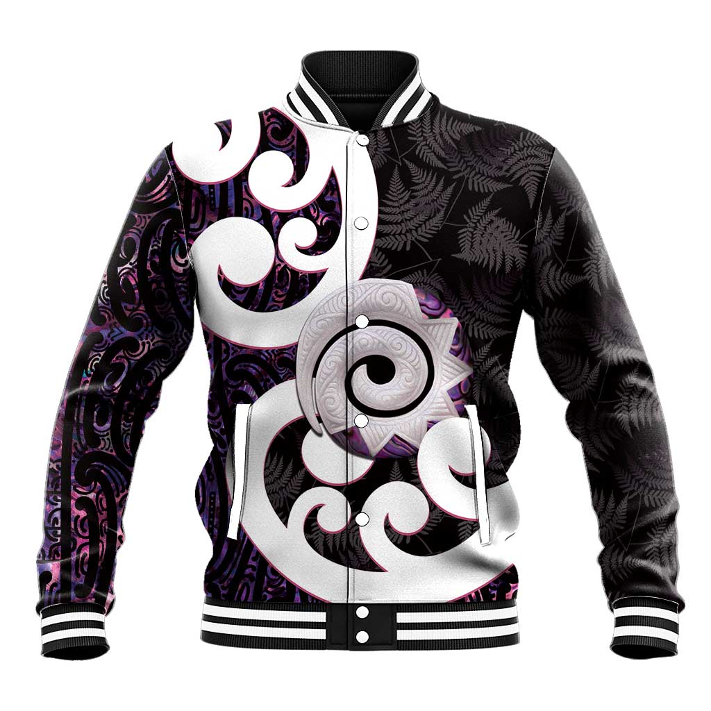 Aotearoa Koru Baseball Jacket Purple Maori Paua Shell Mix Silver Fern