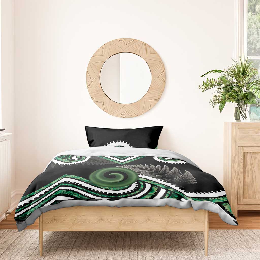 Koru Pounamu Aotearoa Bedding Set Maori Paua Shell Mix Silver Fern