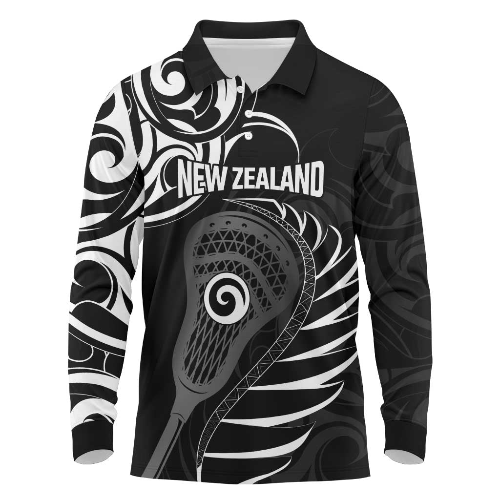 Personalised New Zealand Silver Fern Lacrosse Long Sleeve Polo Shirt Aotearoa Maori Pattern