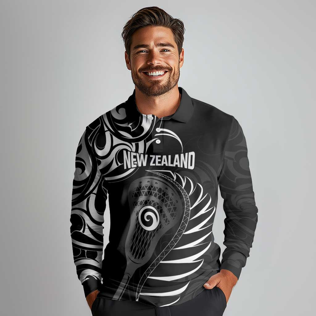 Personalised New Zealand Silver Fern Lacrosse Long Sleeve Polo Shirt Aotearoa Maori Pattern