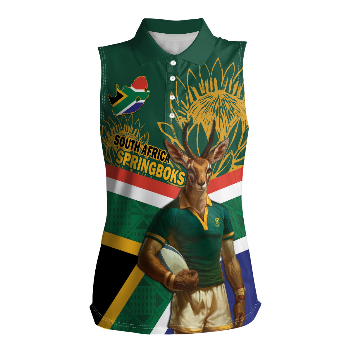 Custom South Africa Rugby Women Sleeveless Polo Shirt 2024 Go Springboks Mascot African Pattern