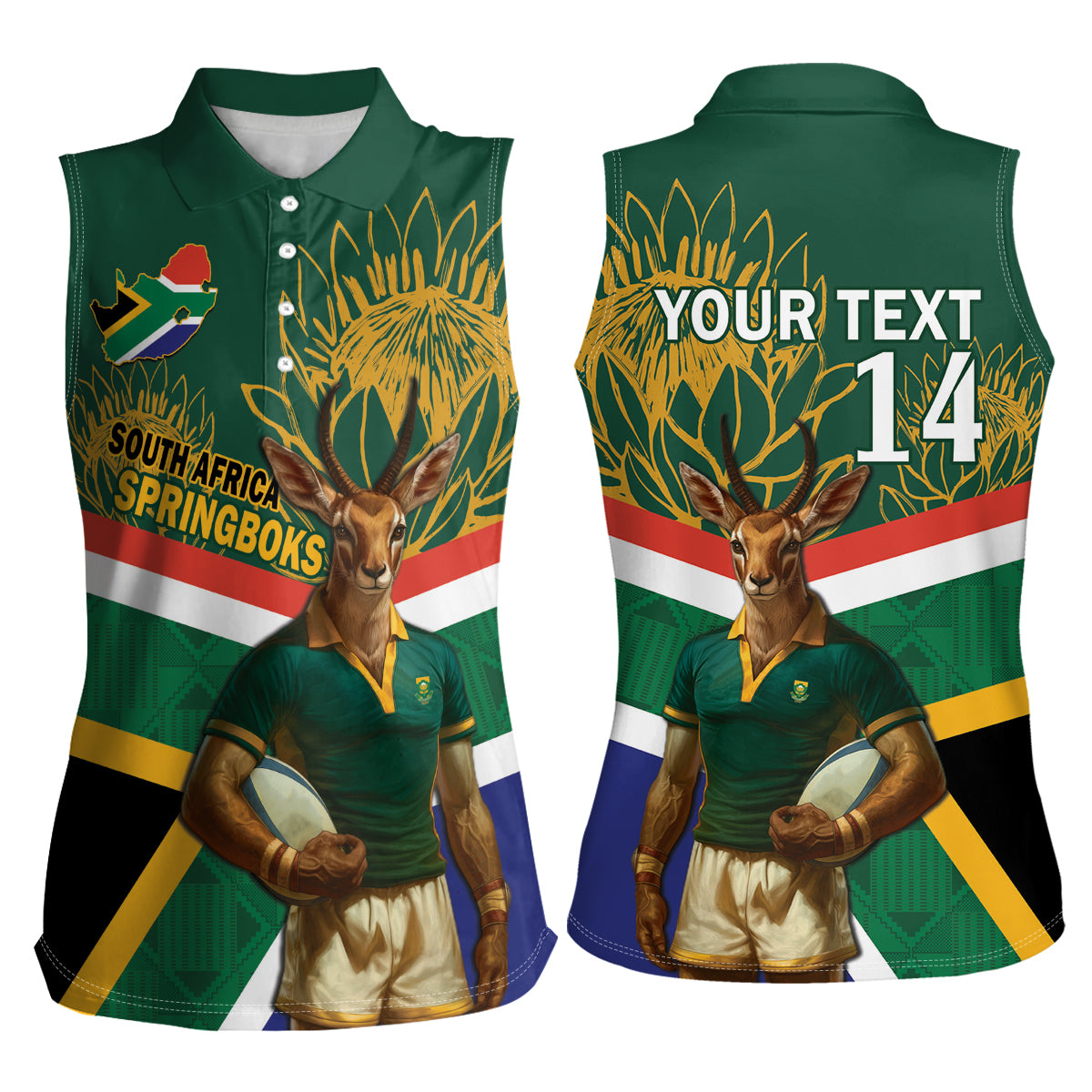 Custom South Africa Rugby Women Sleeveless Polo Shirt 2024 Go Springboks Mascot African Pattern