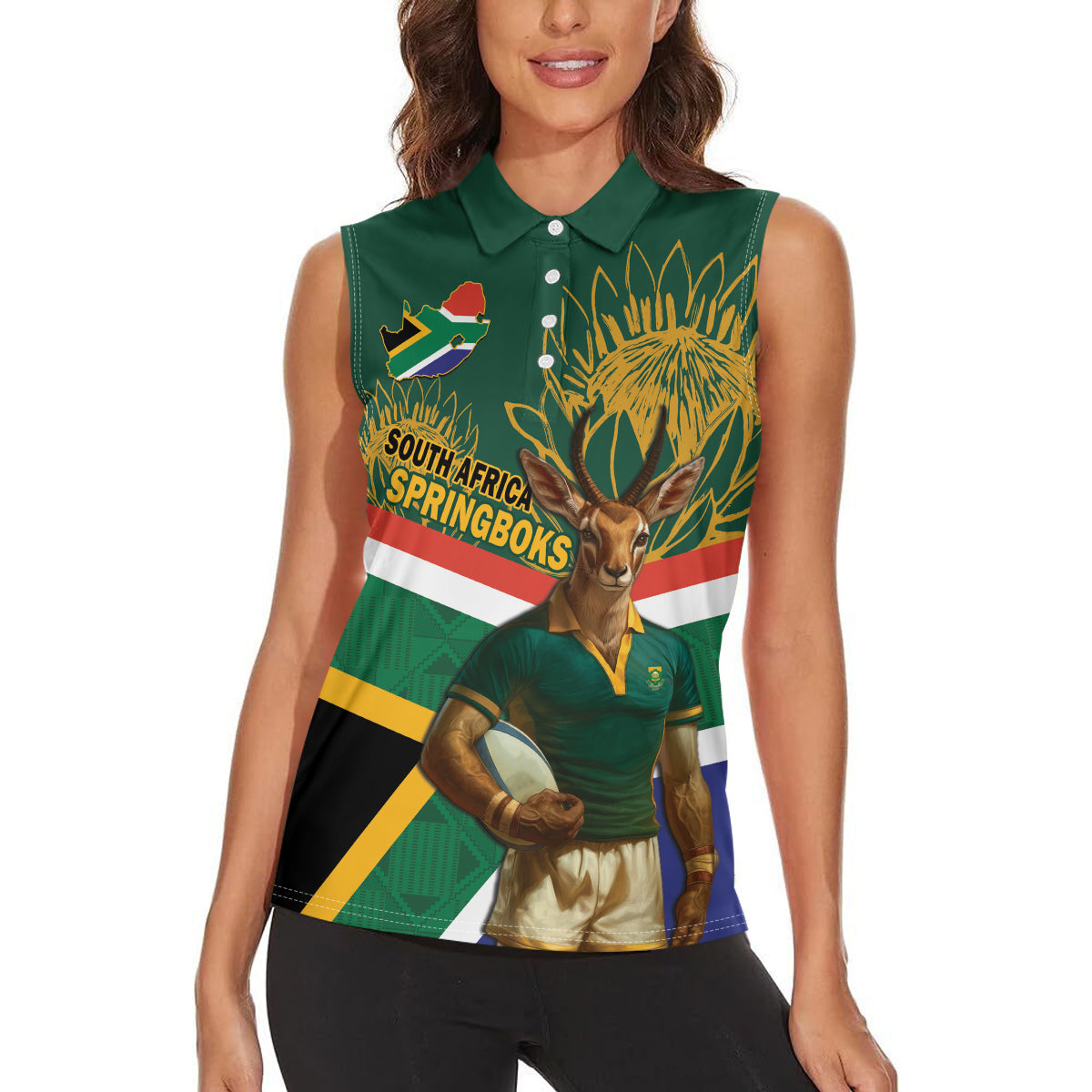 Custom South Africa Rugby Women Sleeveless Polo Shirt 2024 Go Springboks Mascot African Pattern