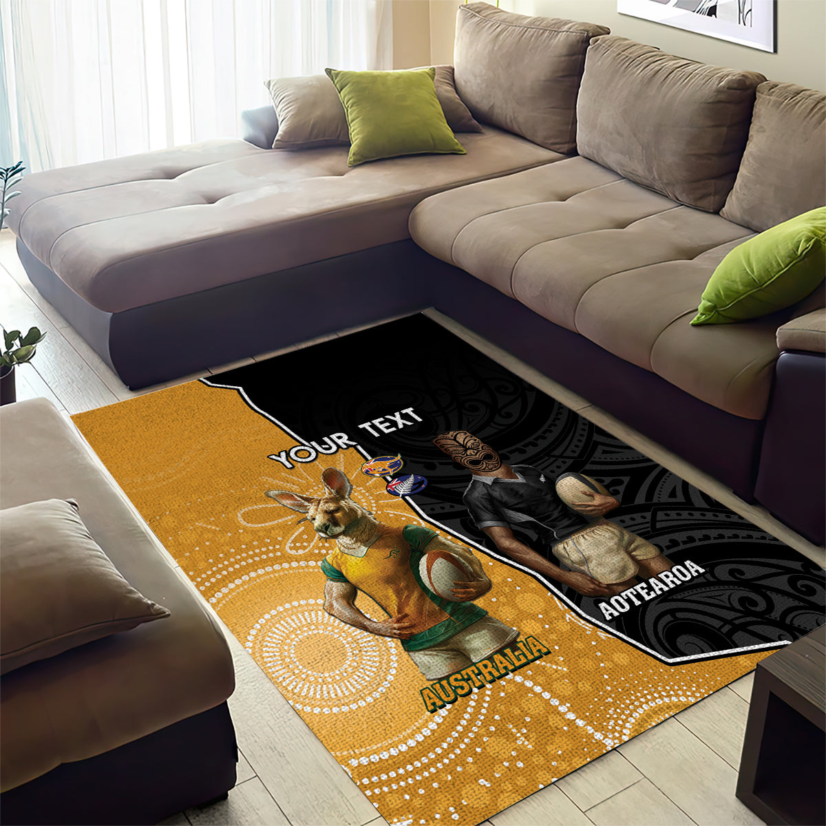 Personalised New Zealand And Australia Rugby Area Rug 2024 All Black Wallabies Mascots Together