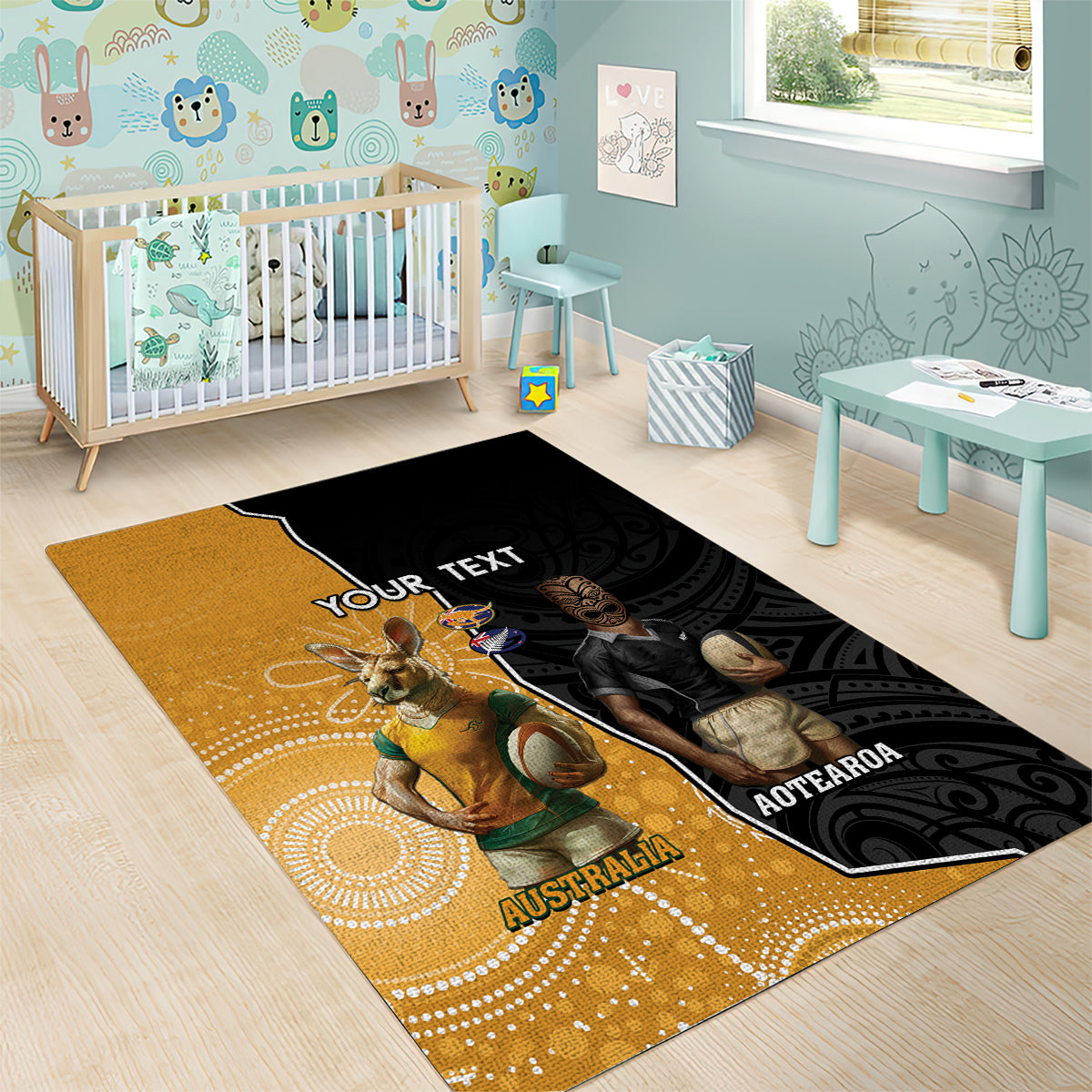 Personalised New Zealand And Australia Rugby Area Rug 2024 All Black Wallabies Mascots Together