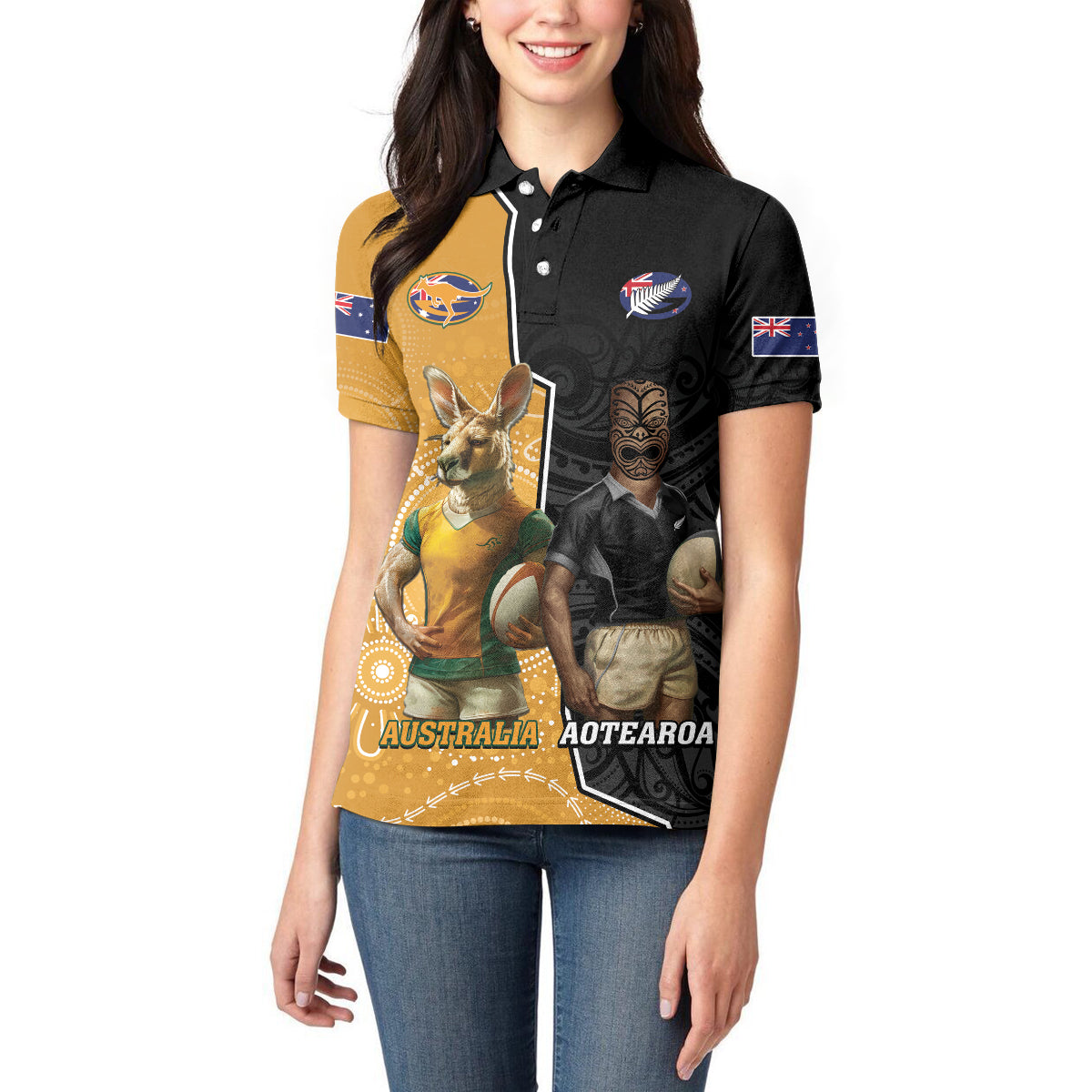 Personalised New Zealand And Australia Rugby Women Polo Shirt 2024 All Black Wallabies Mascots Together