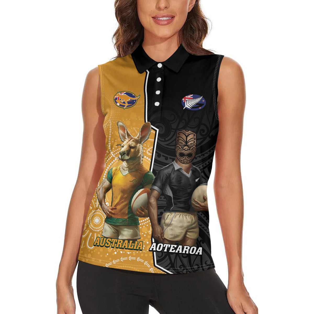 Personalised New Zealand And Australia Rugby Women Sleeveless Polo Shirt 2024 All Black Wallabies Mascots Together