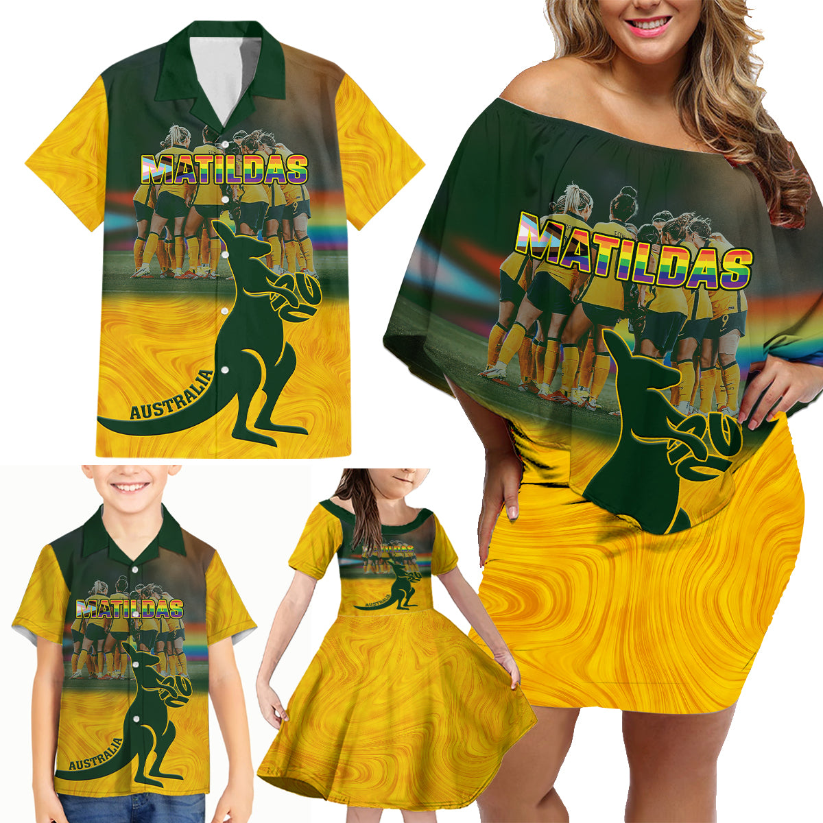 Matildas Pride Family Matching Off Shoulder Short Dress and Hawaiian Shirt LGBT Kangaroo Australian Proud LT14