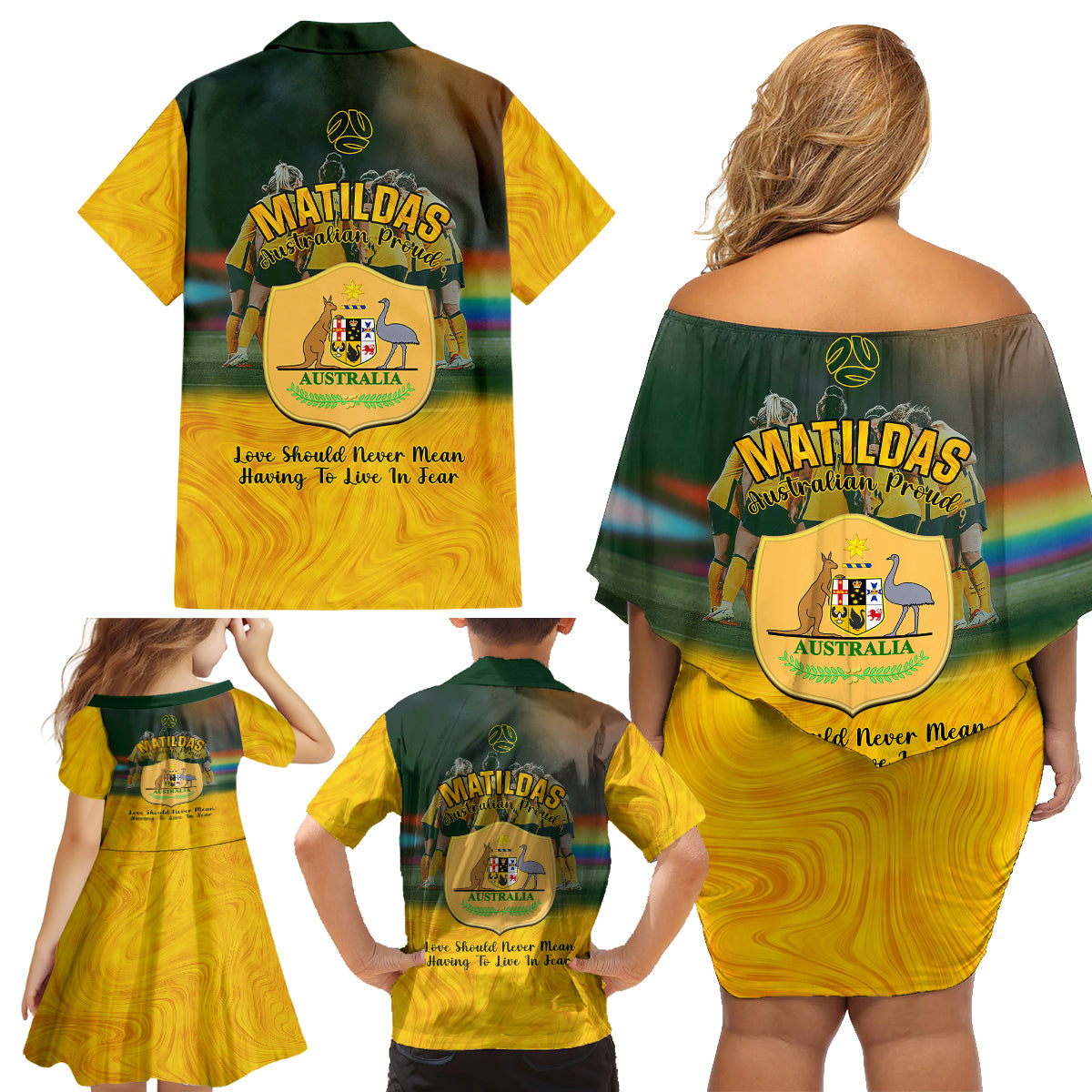 Matildas Pride Family Matching Off Shoulder Short Dress and Hawaiian Shirt LGBT Kangaroo Australian Proud LT14