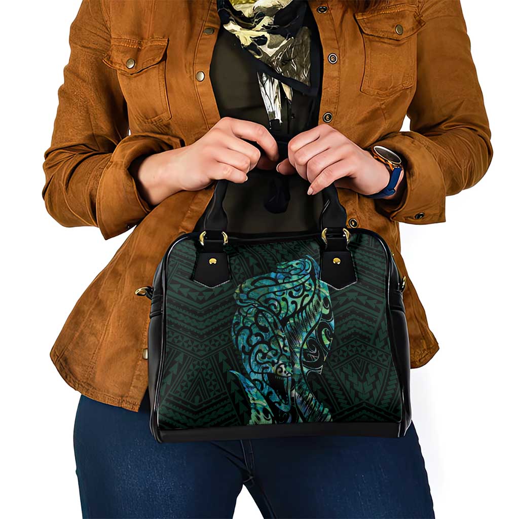 New Zealand Eel Shoulder Handbag Tuna Aotearoa Maori With Paua Shell - Turquoise