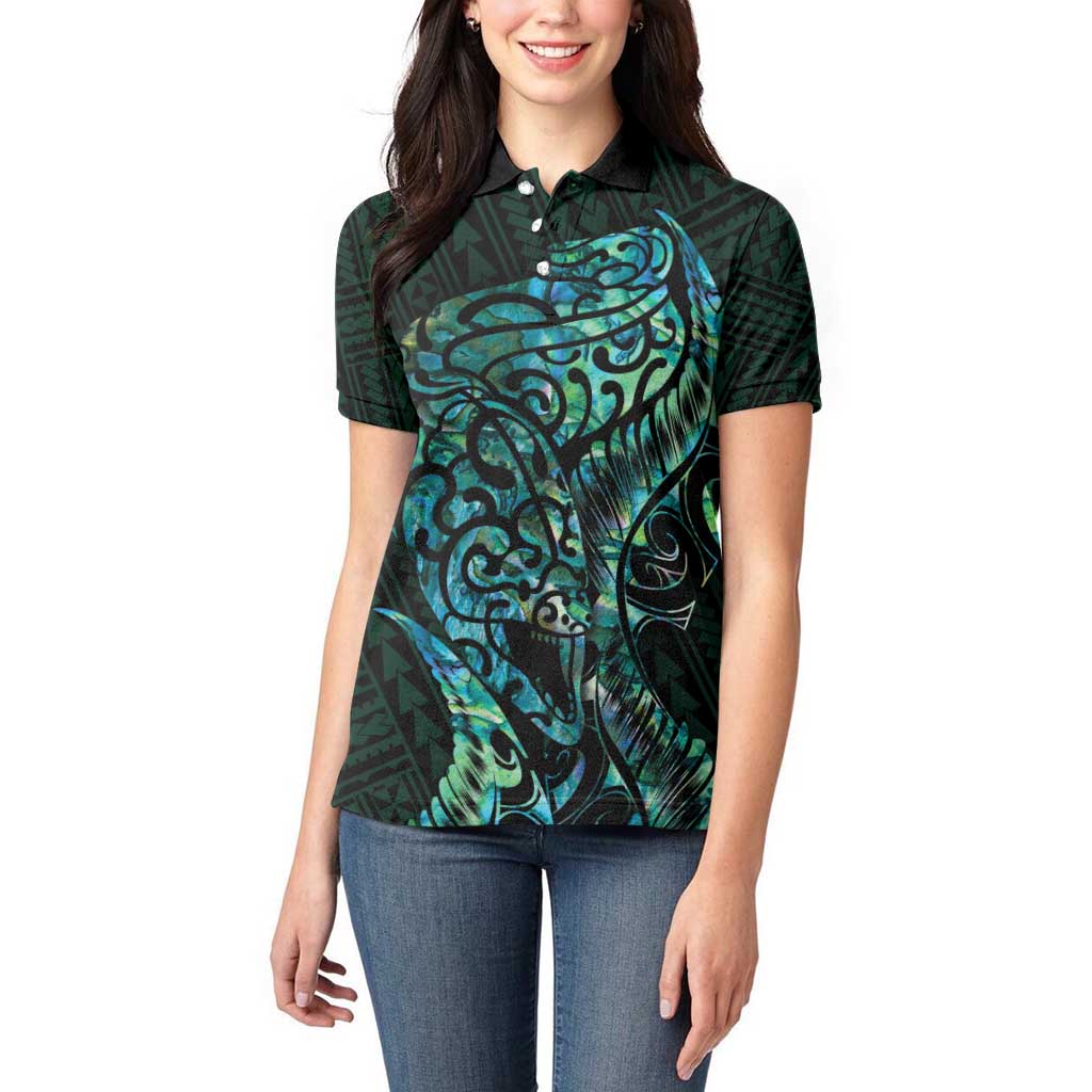 New Zealand Eel Women Polo Shirt Tuna Aotearoa Maori With Paua Shell - Turquoise