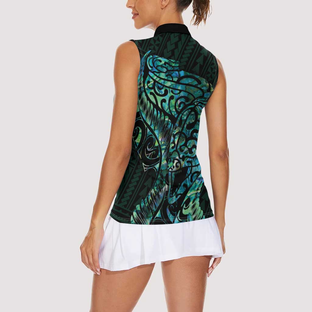 New Zealand Eel Women Sleeveless Polo Shirt Tuna Aotearoa Maori With Paua Shell - Turquoise