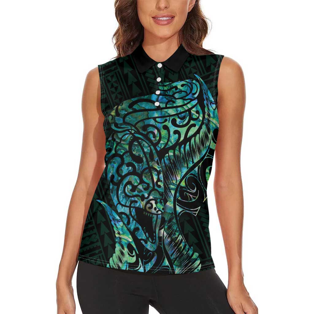 New Zealand Eel Women Sleeveless Polo Shirt Tuna Aotearoa Maori With Paua Shell - Turquoise