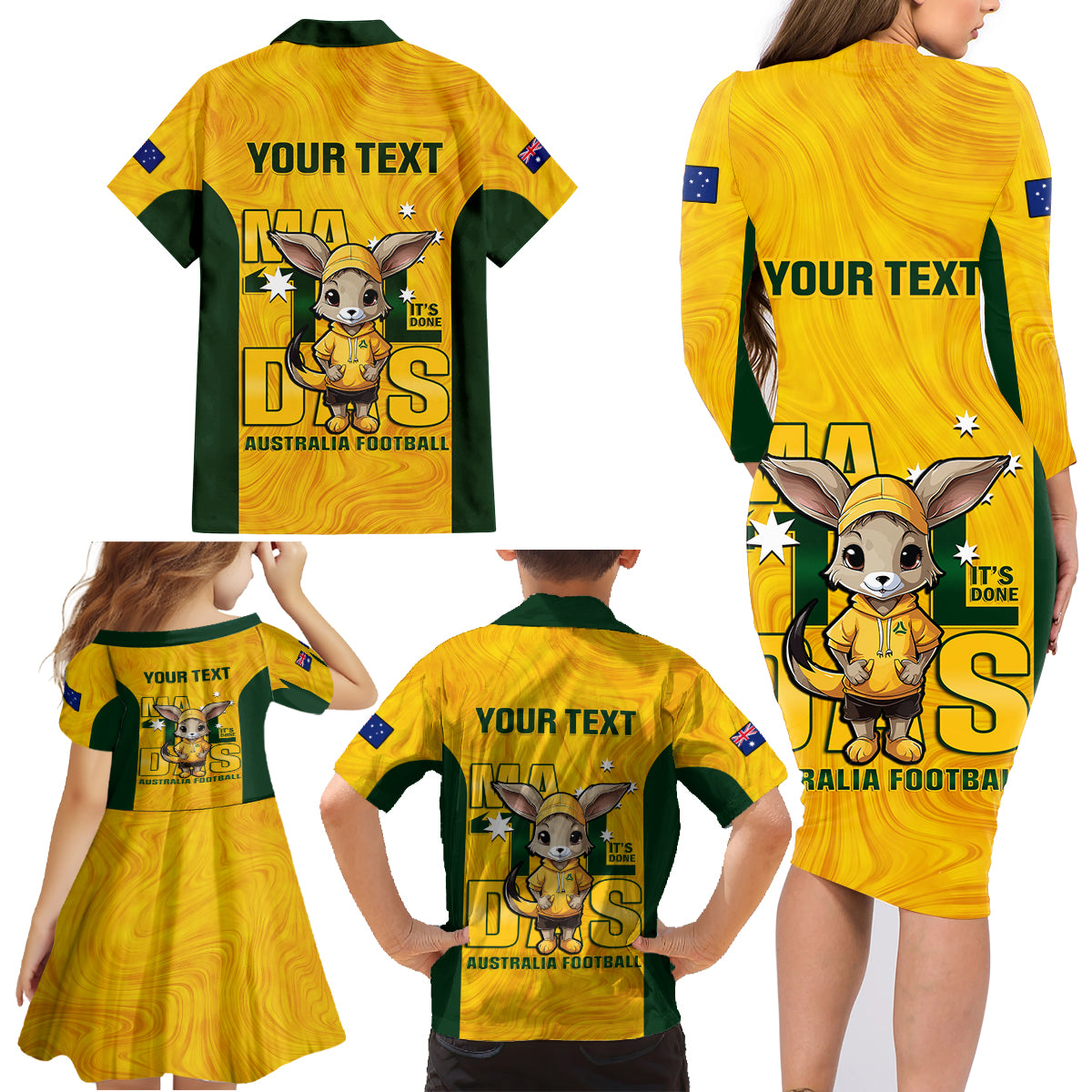 custom-matildas-family-matching-long-sleeve-bodycon-dress-and-hawaiian-shirt-australian-cute-mascot-unique-gold-version