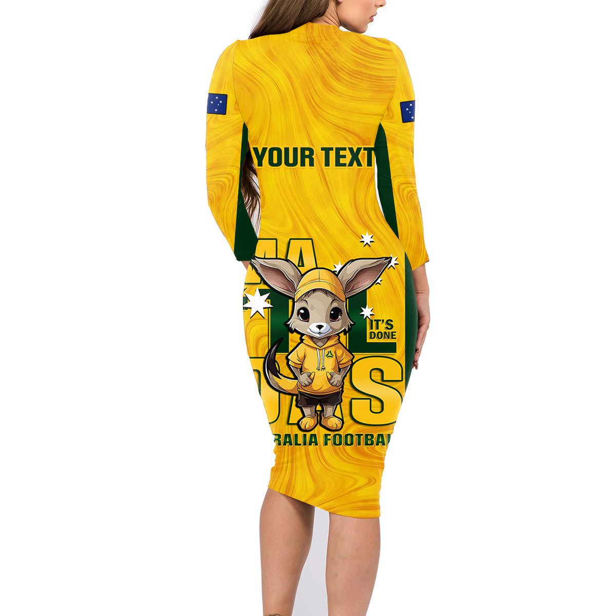 custom-matildas-family-matching-long-sleeve-bodycon-dress-and-hawaiian-shirt-australian-cute-mascot-unique-gold-version