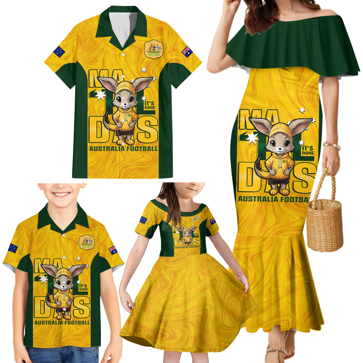 custom-matildas-family-matching-mermaid-dress-and-hawaiian-shirt-australian-cute-mascot-unique-gold-version