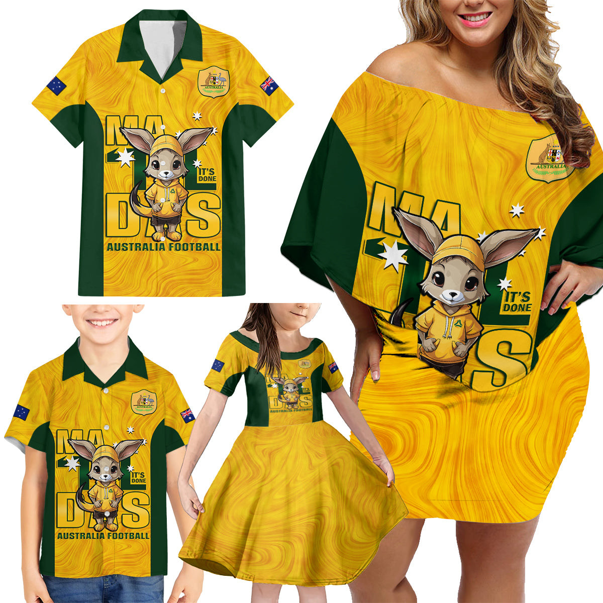 custom-matildas-family-matching-off-shoulder-short-dress-and-hawaiian-shirt-australian-cute-mascot-unique-gold-version