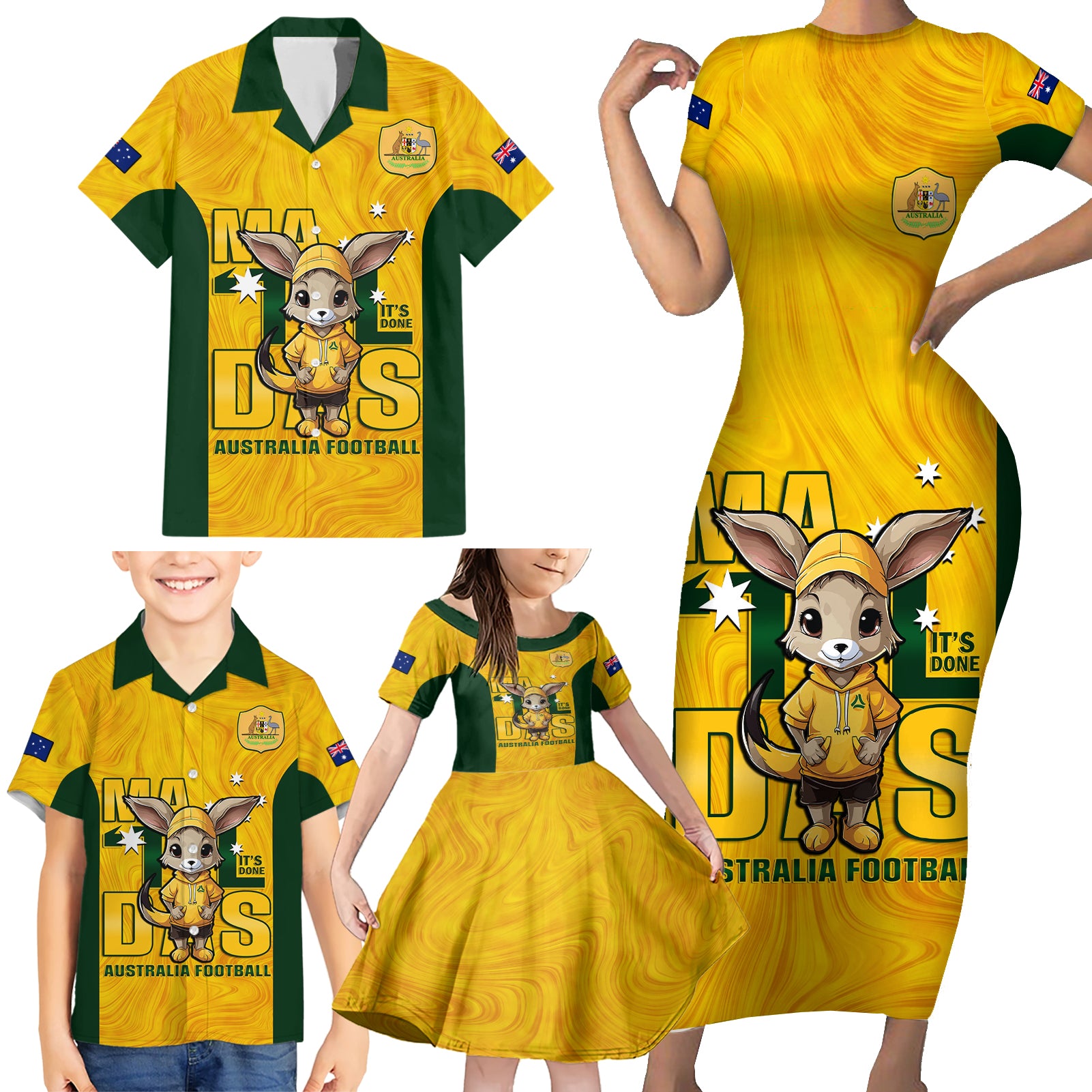 custom-matildas-family-matching-short-sleeve-bodycon-dress-and-hawaiian-shirt-australian-cute-mascot-unique-gold-version