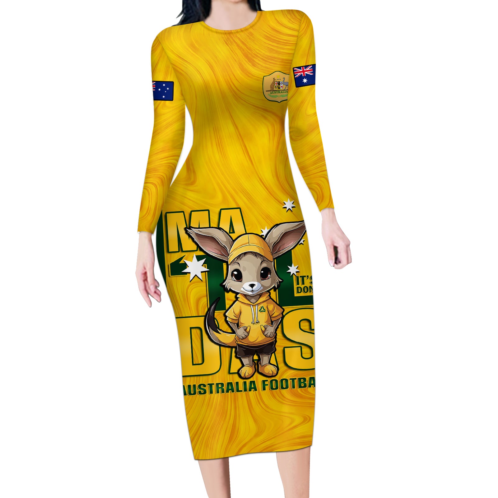 custom-matildas-long-sleeve-bodycon-dress-australian-cute-mascot-unique-gold-version