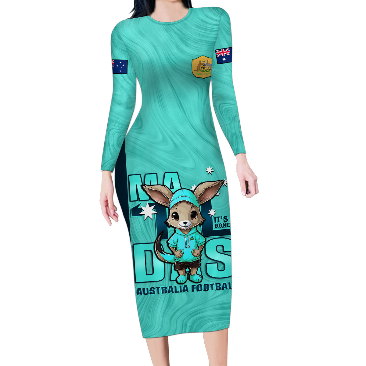 custom-matildas-family-matching-long-sleeve-bodycon-dress-and-hawaiian-shirt-australian-cute-mascot-unique-turquosie-version