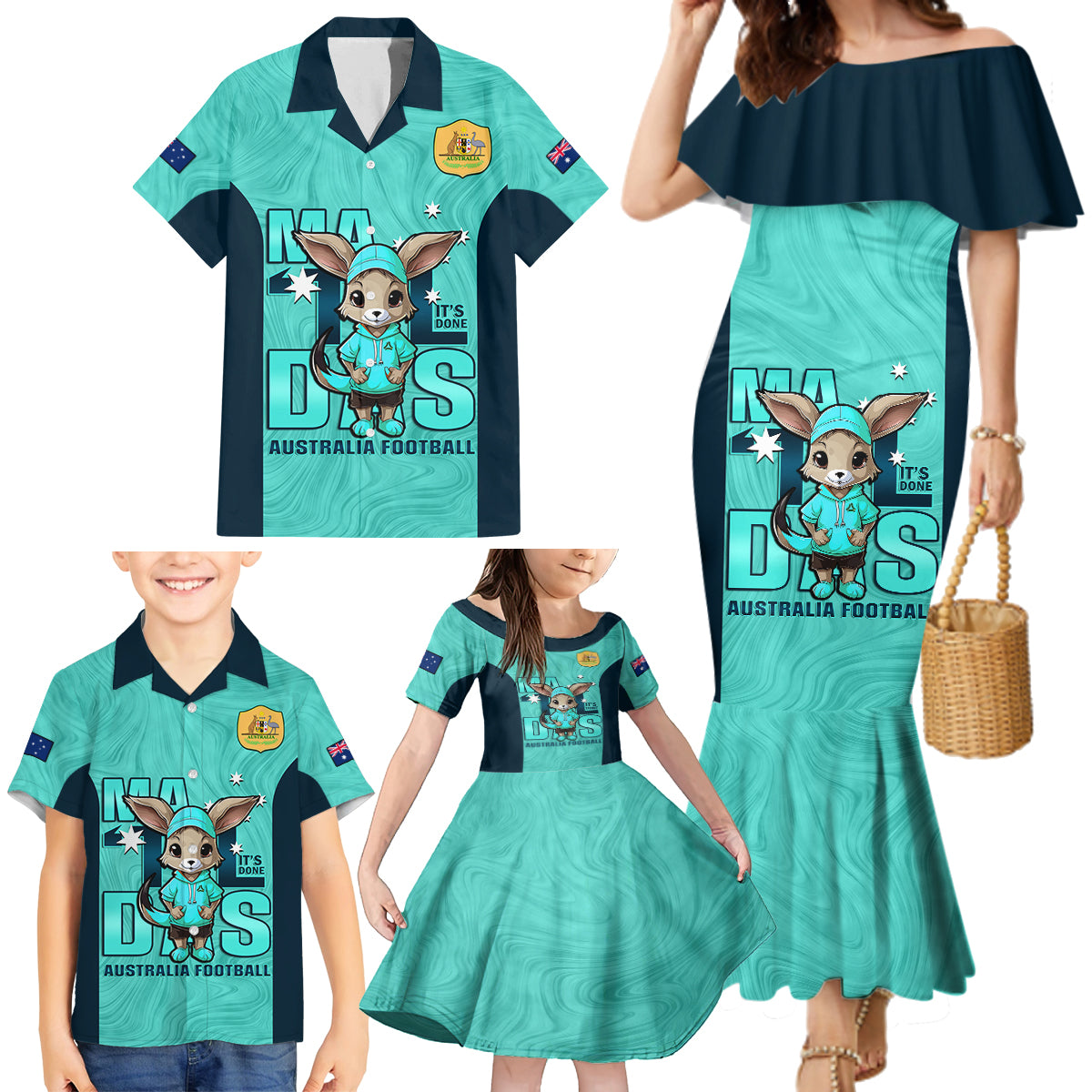 custom-matildas-family-matching-mermaid-dress-and-hawaiian-shirt-australian-cute-mascot-unique-turquosie-version