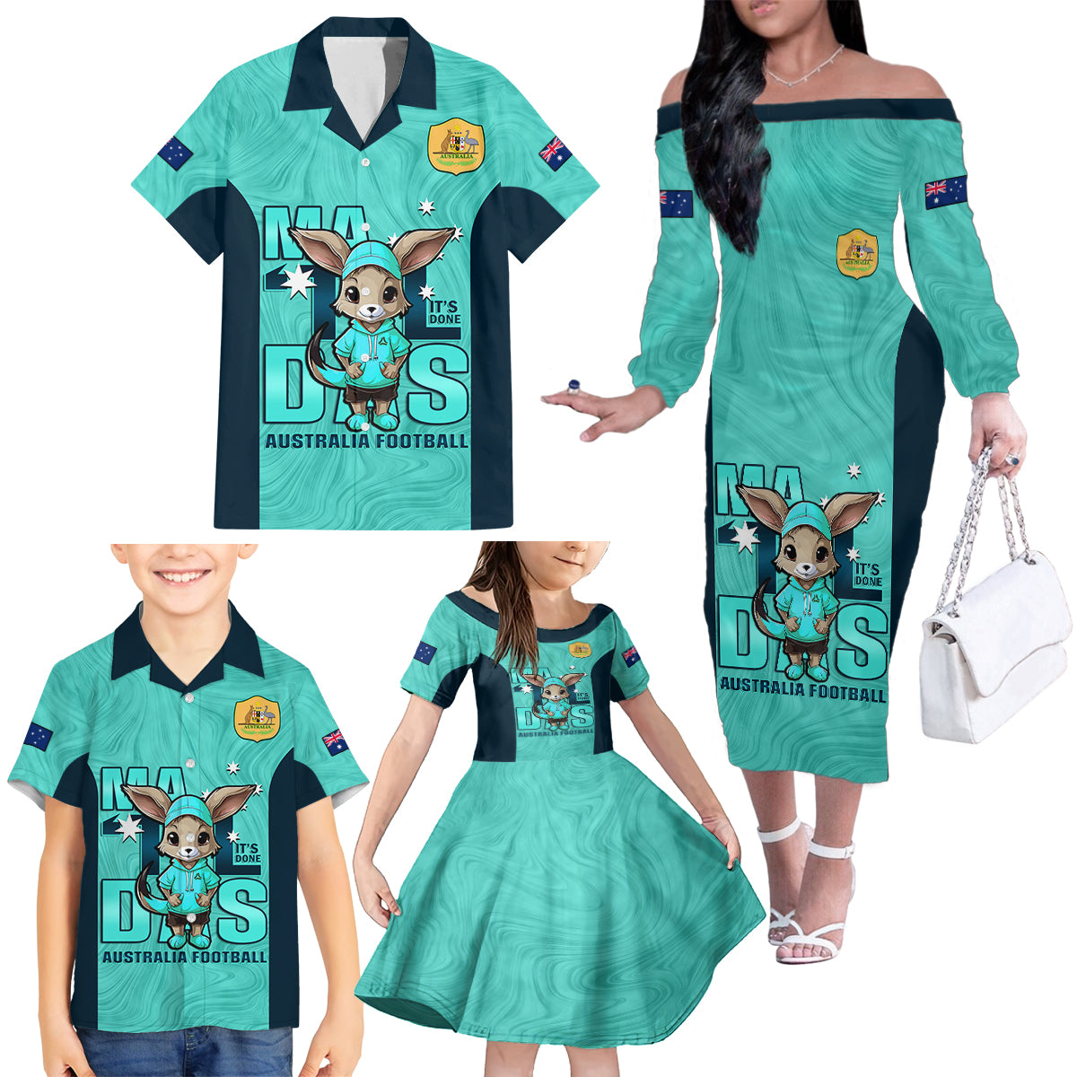 custom-matildas-family-matching-off-shoulder-long-sleeve-dress-and-hawaiian-shirt-australian-cute-mascot-unique-turquosie-version