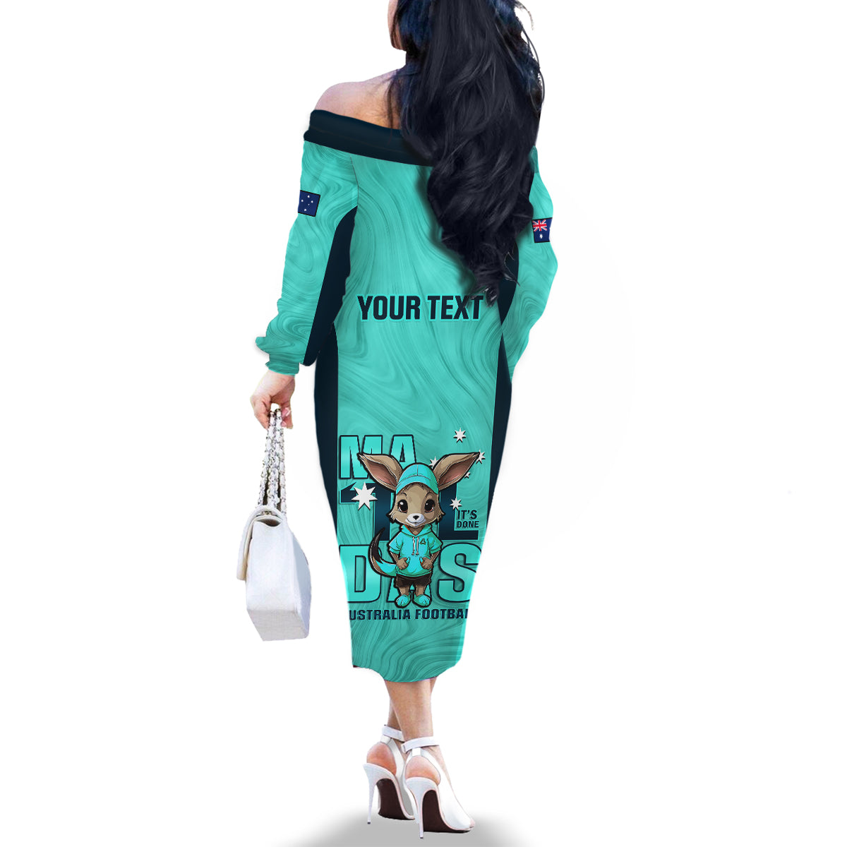 custom-matildas-family-matching-off-shoulder-long-sleeve-dress-and-hawaiian-shirt-australian-cute-mascot-unique-turquosie-version