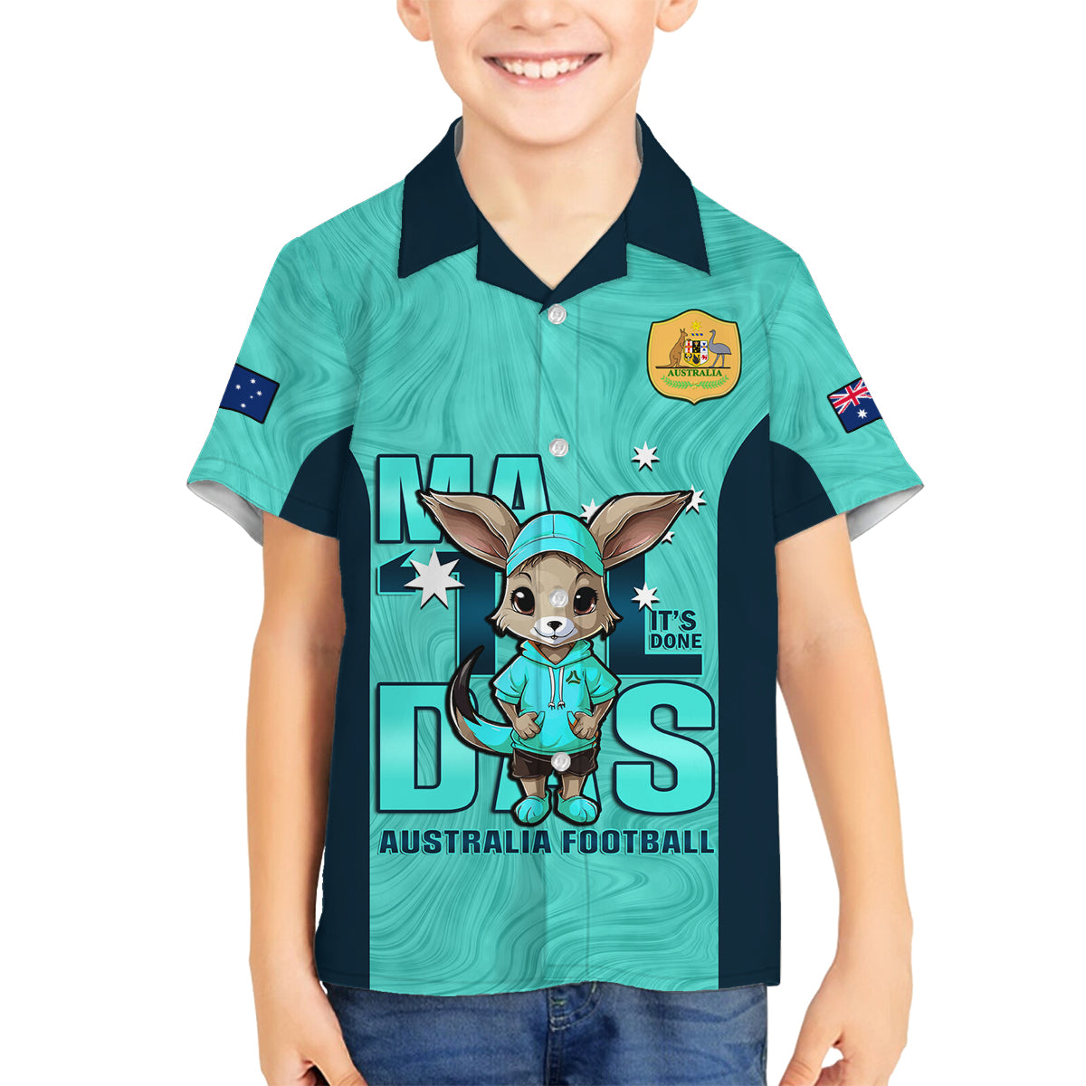 custom-matildas-family-matching-off-shoulder-long-sleeve-dress-and-hawaiian-shirt-australian-cute-mascot-unique-turquosie-version