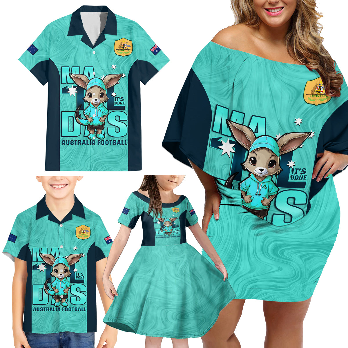 custom-matildas-family-matching-off-shoulder-short-dress-and-hawaiian-shirt-australian-cute-mascot-unique-turquosie-version