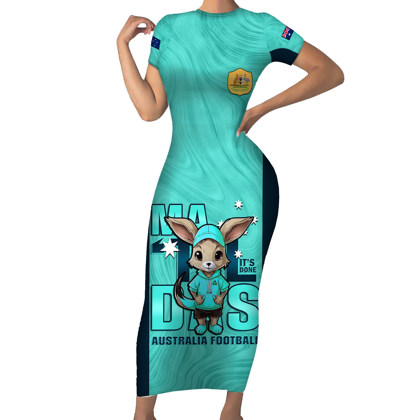 custom-matildas-family-matching-short-sleeve-bodycon-dress-and-hawaiian-shirt-australian-cute-mascot-unique-turquosie-version