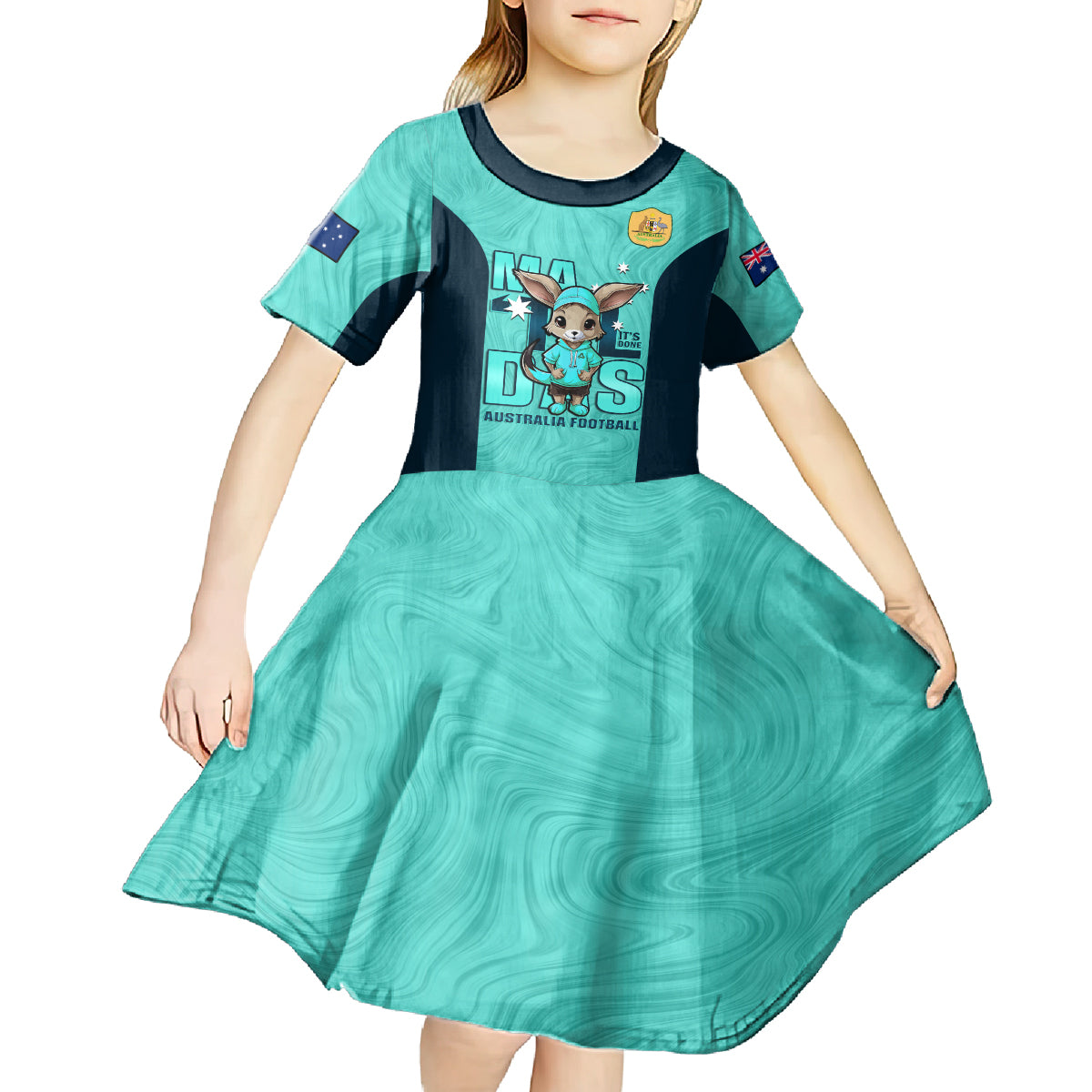 custom-matildas-kid-short-sleeve-dress-australian-cute-mascot-unique-turquosie-version