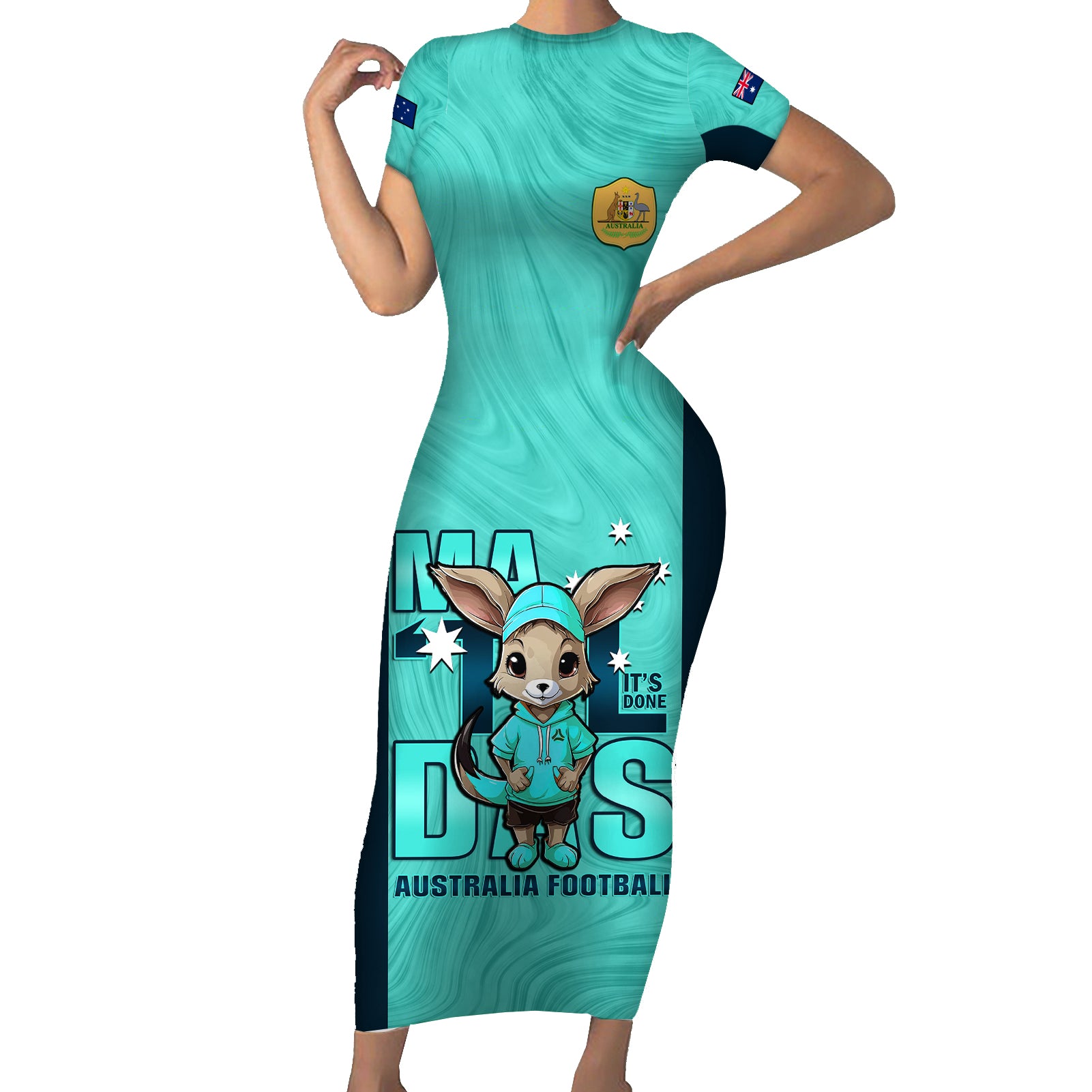 custom-matildas-short-sleeve-bodycon-dress-australian-cute-mascot-unique-turquosie-version