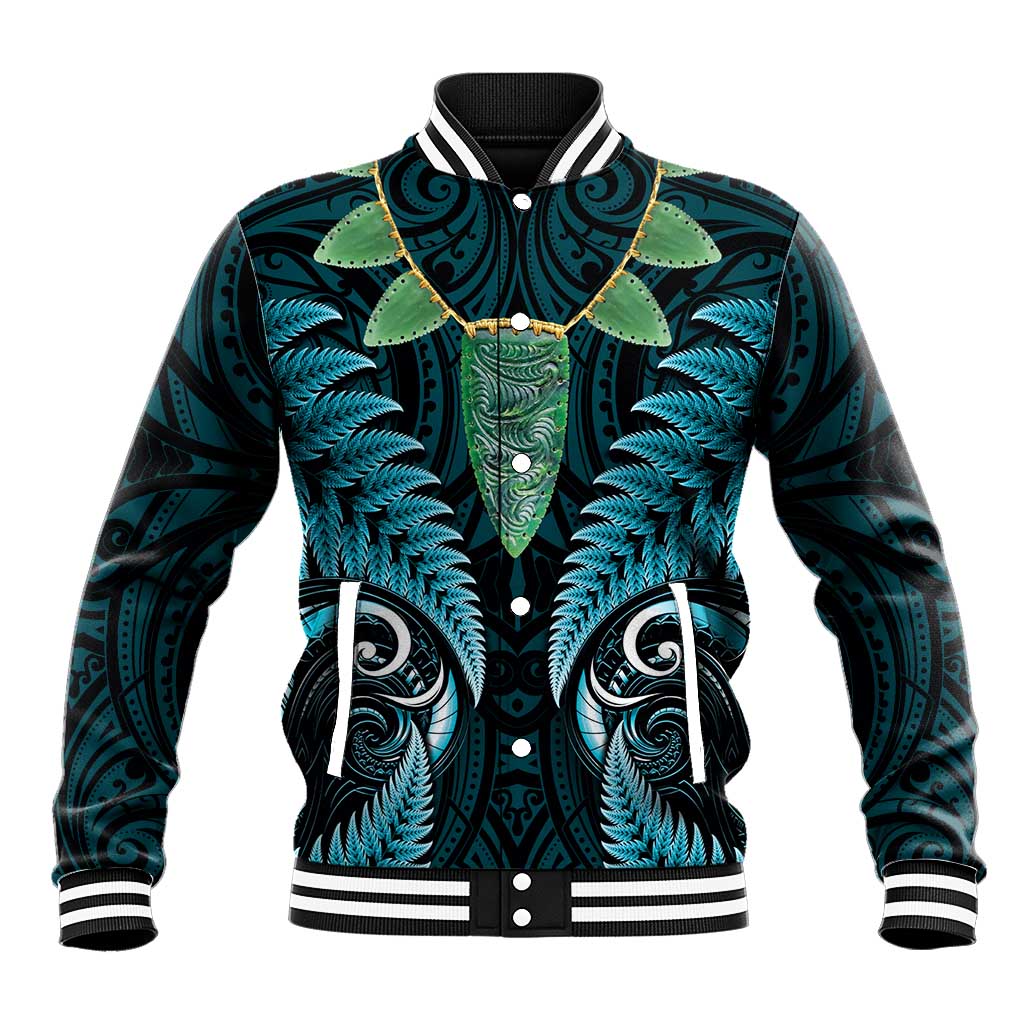 Aotearoa Pounamu Niho Baseball Jacket Silver Fern Mix Maori Pattern - Turquoise