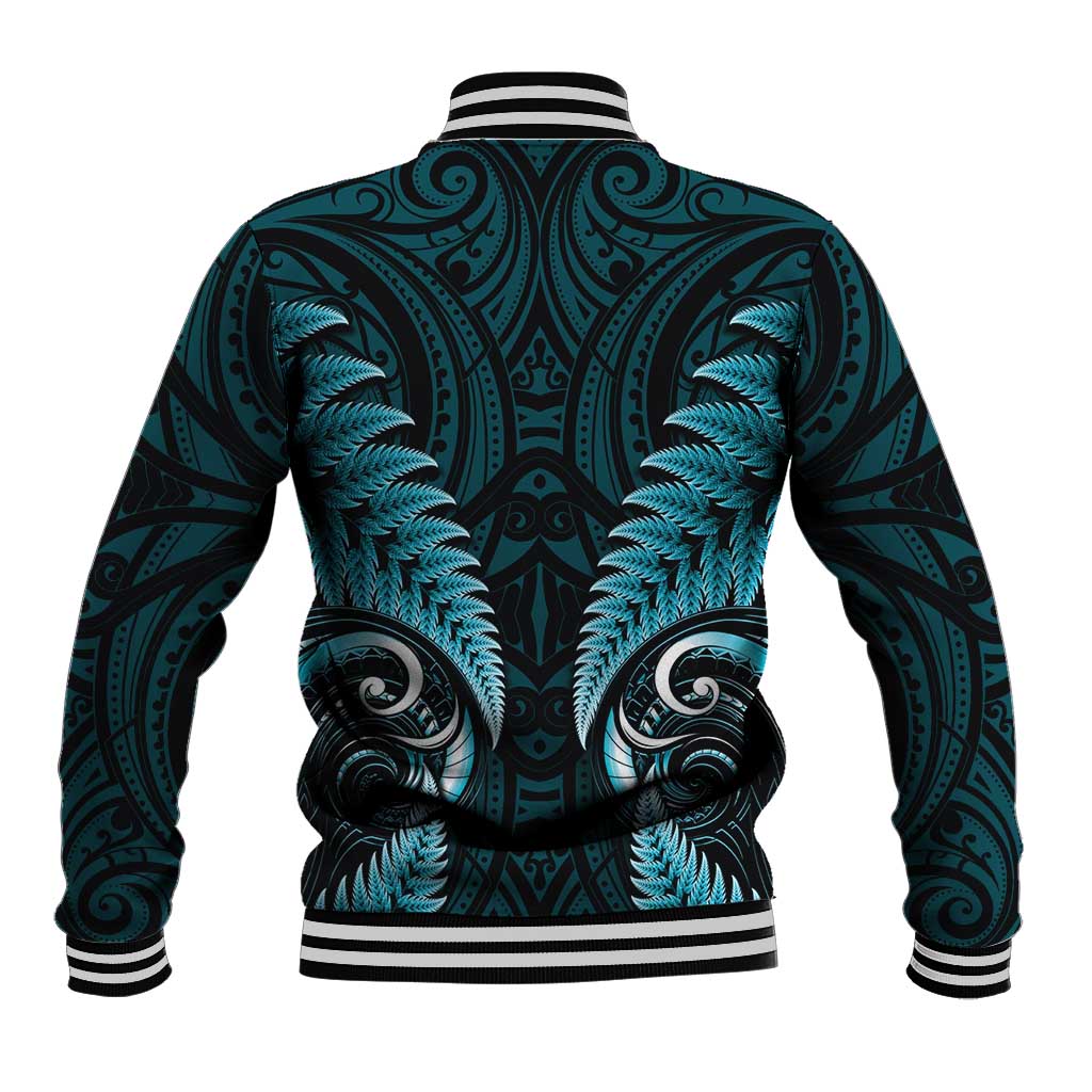 Aotearoa Pounamu Niho Baseball Jacket Silver Fern Mix Maori Pattern - Turquoise