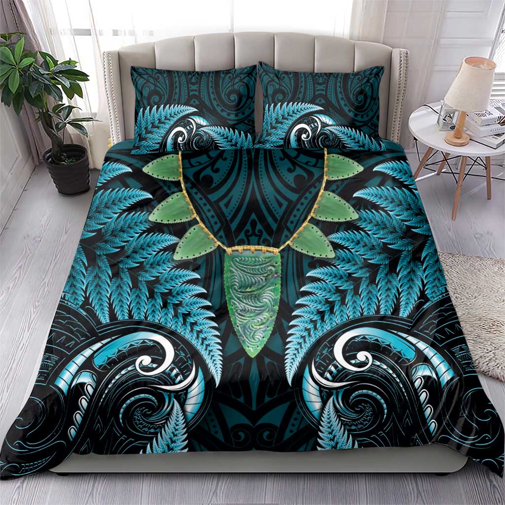 Aotearoa Pounamu Niho Bedding Set Silver Fern Mix Maori Pattern - Turquoise