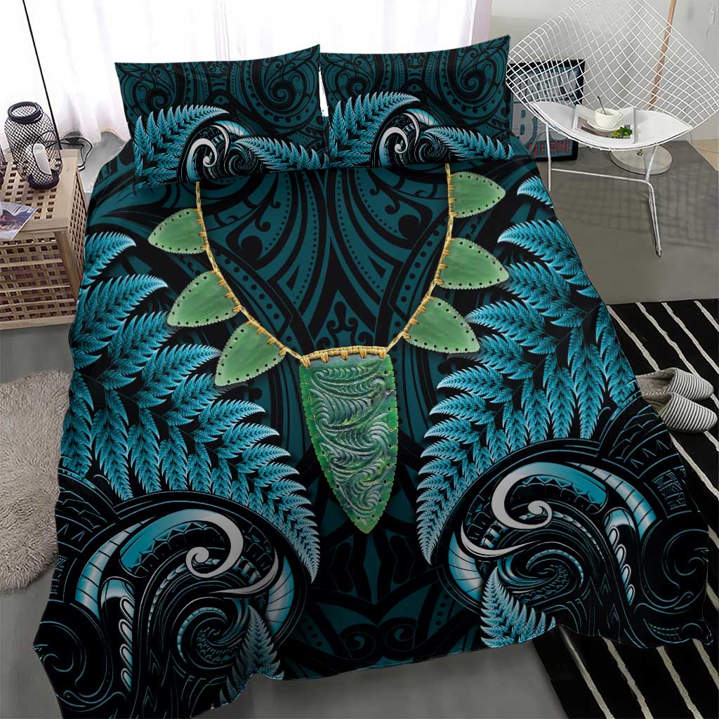 Aotearoa Pounamu Niho Bedding Set Silver Fern Mix Maori Pattern - Turquoise