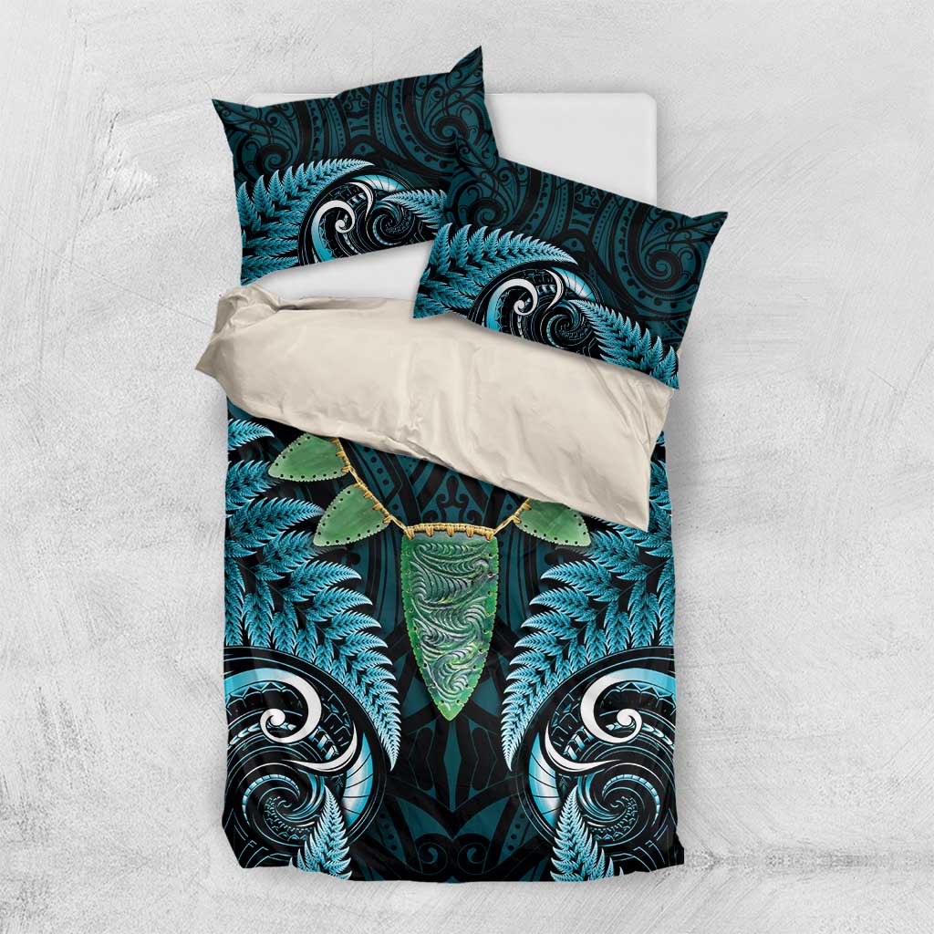 Aotearoa Pounamu Niho Bedding Set Silver Fern Mix Maori Pattern - Turquoise