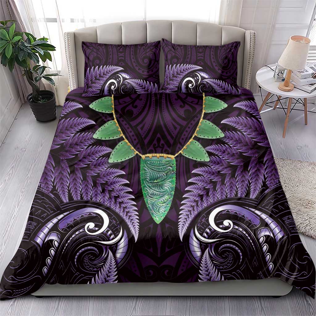 Aotearoa Pounamu Niho Bedding Set Silver Fern Mix Maori Pattern - Purple