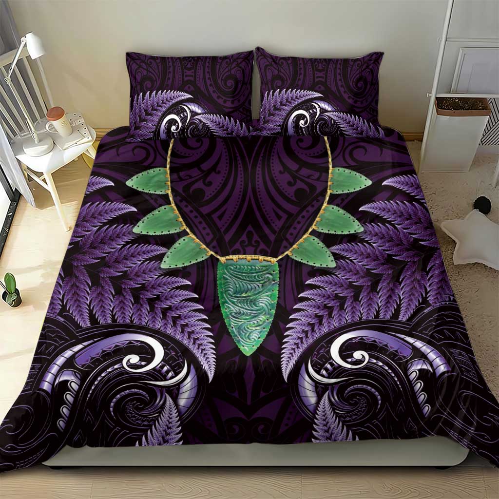 Aotearoa Pounamu Niho Bedding Set Silver Fern Mix Maori Pattern - Purple