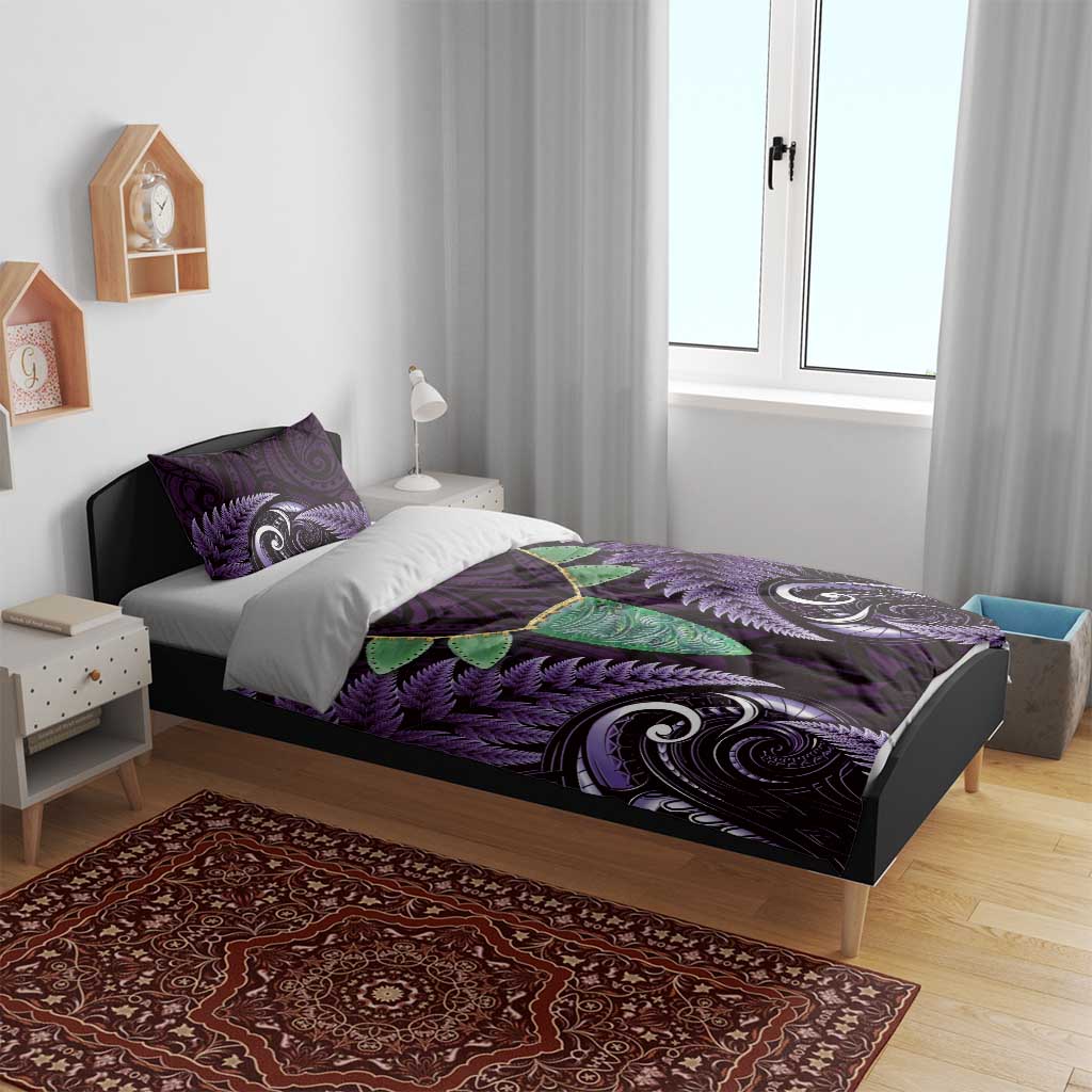 Aotearoa Pounamu Niho Bedding Set Silver Fern Mix Maori Pattern - Purple