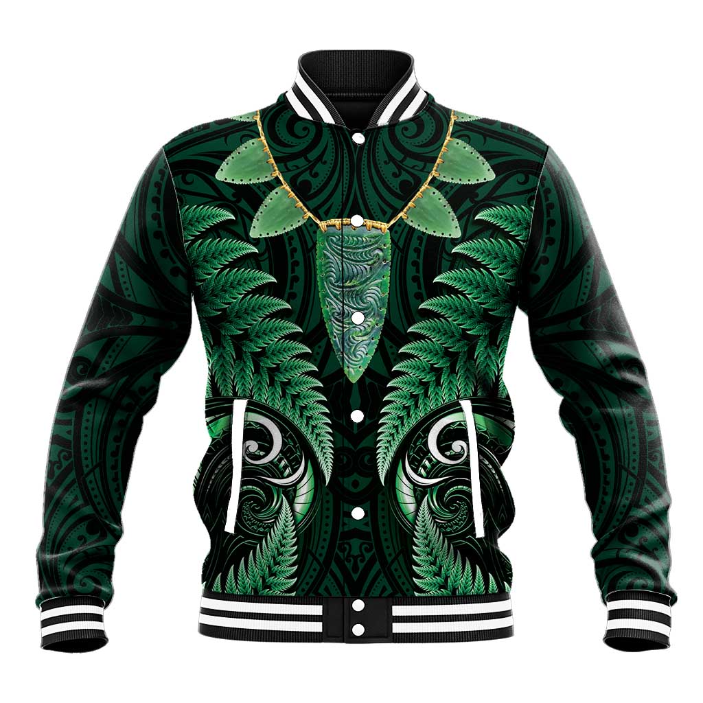 Aotearoa Pounamu Niho Baseball Jacket Silver Fern Mix Maori Pattern - Green