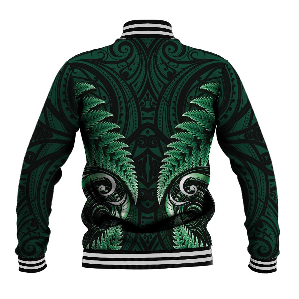 Aotearoa Pounamu Niho Baseball Jacket Silver Fern Mix Maori Pattern - Green