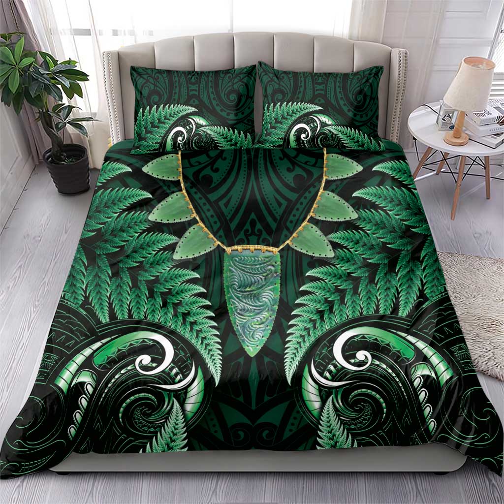 Aotearoa Pounamu Niho Bedding Set Silver Fern Mix Maori Pattern - Green